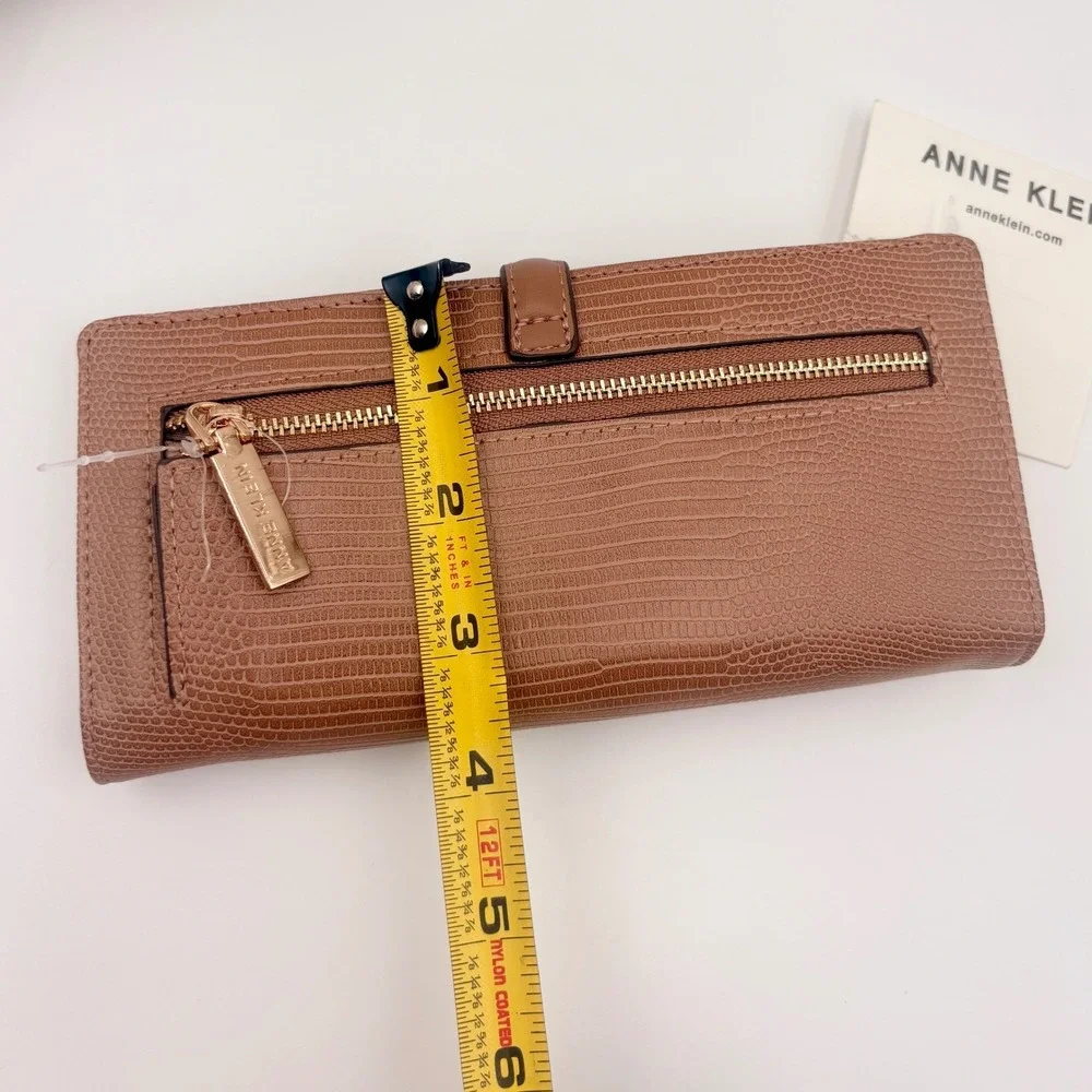 Anne Klein‎ 2 Piece Buckle Wallet Mocha Lizard Embossed Slim Card Case NEW